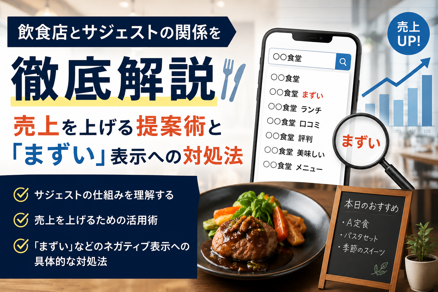 飲食店とサジェストの関係を徹底解説｜売上を上げる提案術と「まずい」表示への対処法